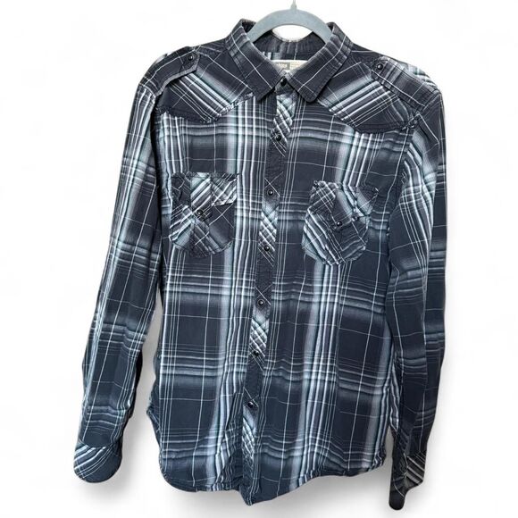 Machine Button-up Pearl Snap-button Shirt Size Large Plaid Cowboy Western Rodeo - Picture 1 of 8